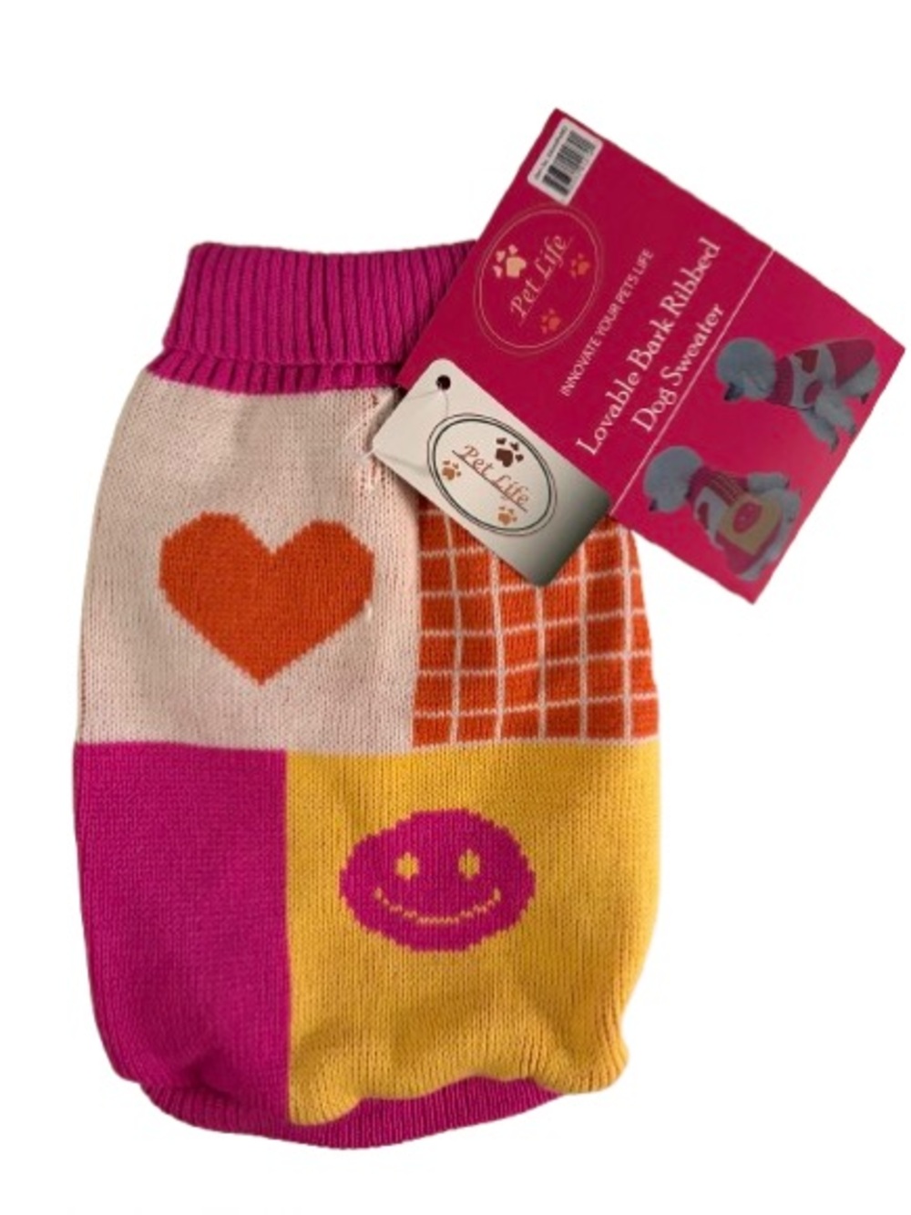 Pet Life Dog Sweater Size M Pink, Orange, Yellow Colorblock Smiley Face Whimsy